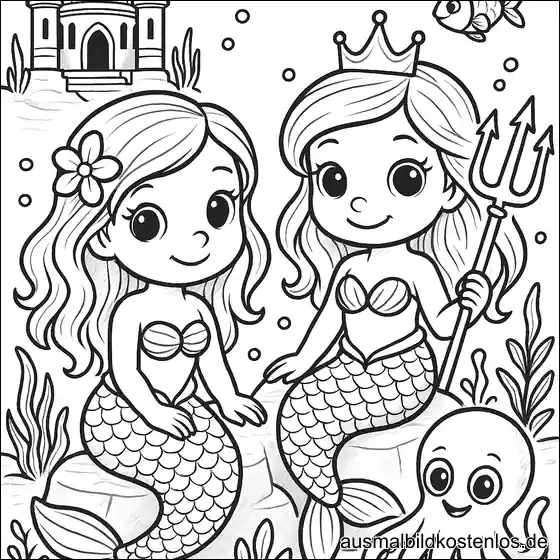 Meerjungfrauen mit Krone und Oktopus Ausmalbild
