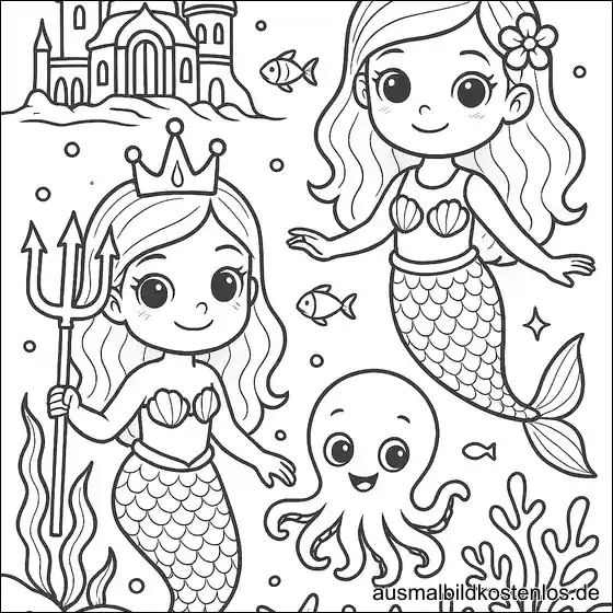 Meerjungfrauen mit Schloss und Oktopus Ausmalbild