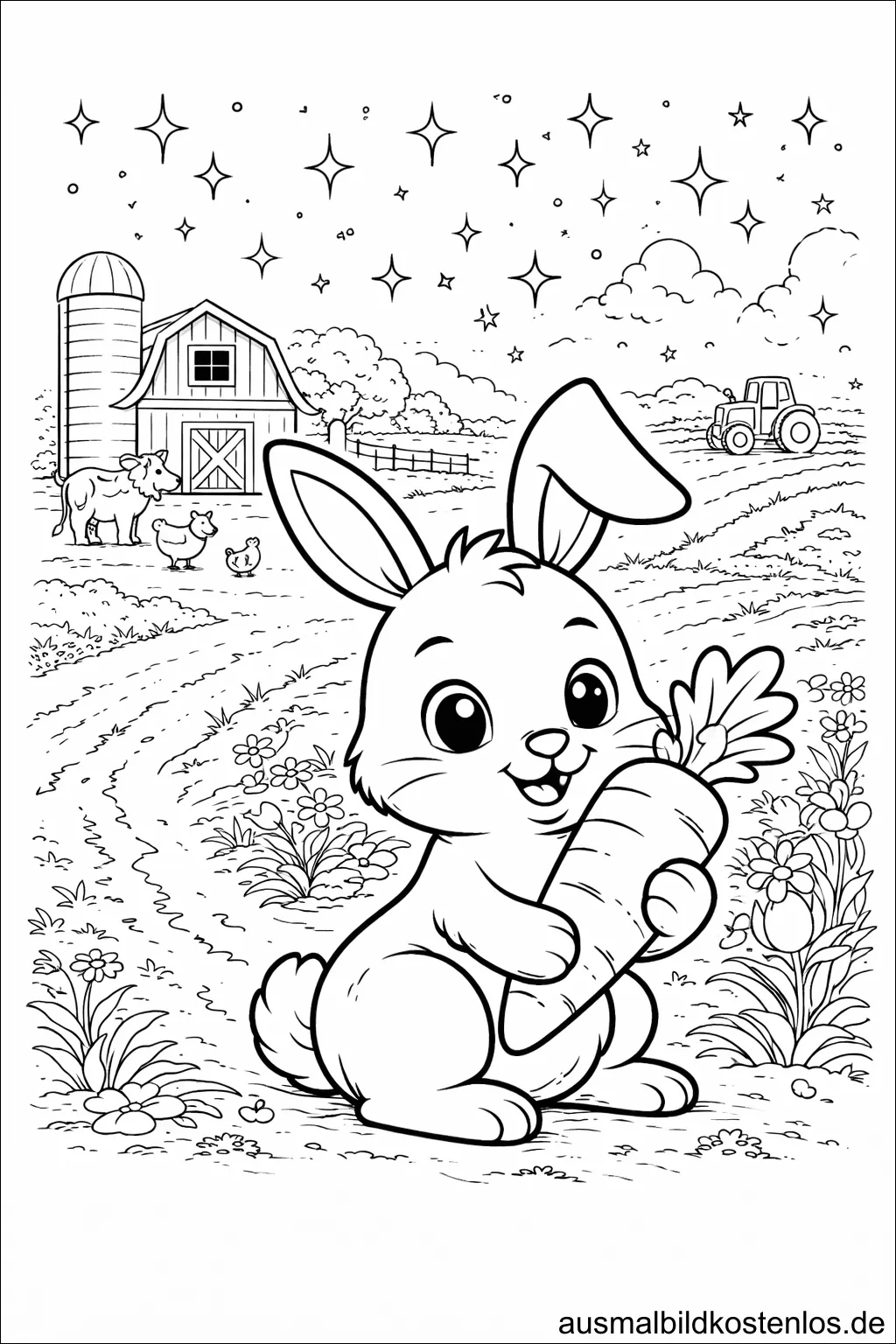Osterhase auf dem Bauernhof mit Möhre – kostenlose Malvorlage