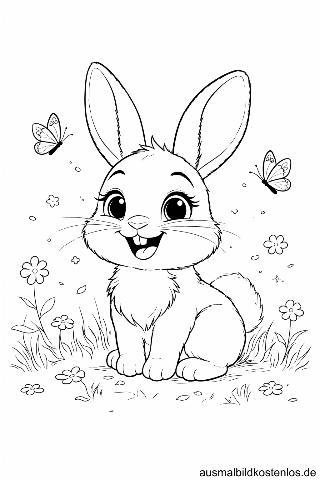 Fröhlicher Osterhase mit Blumen - kostenlose Malvorlage