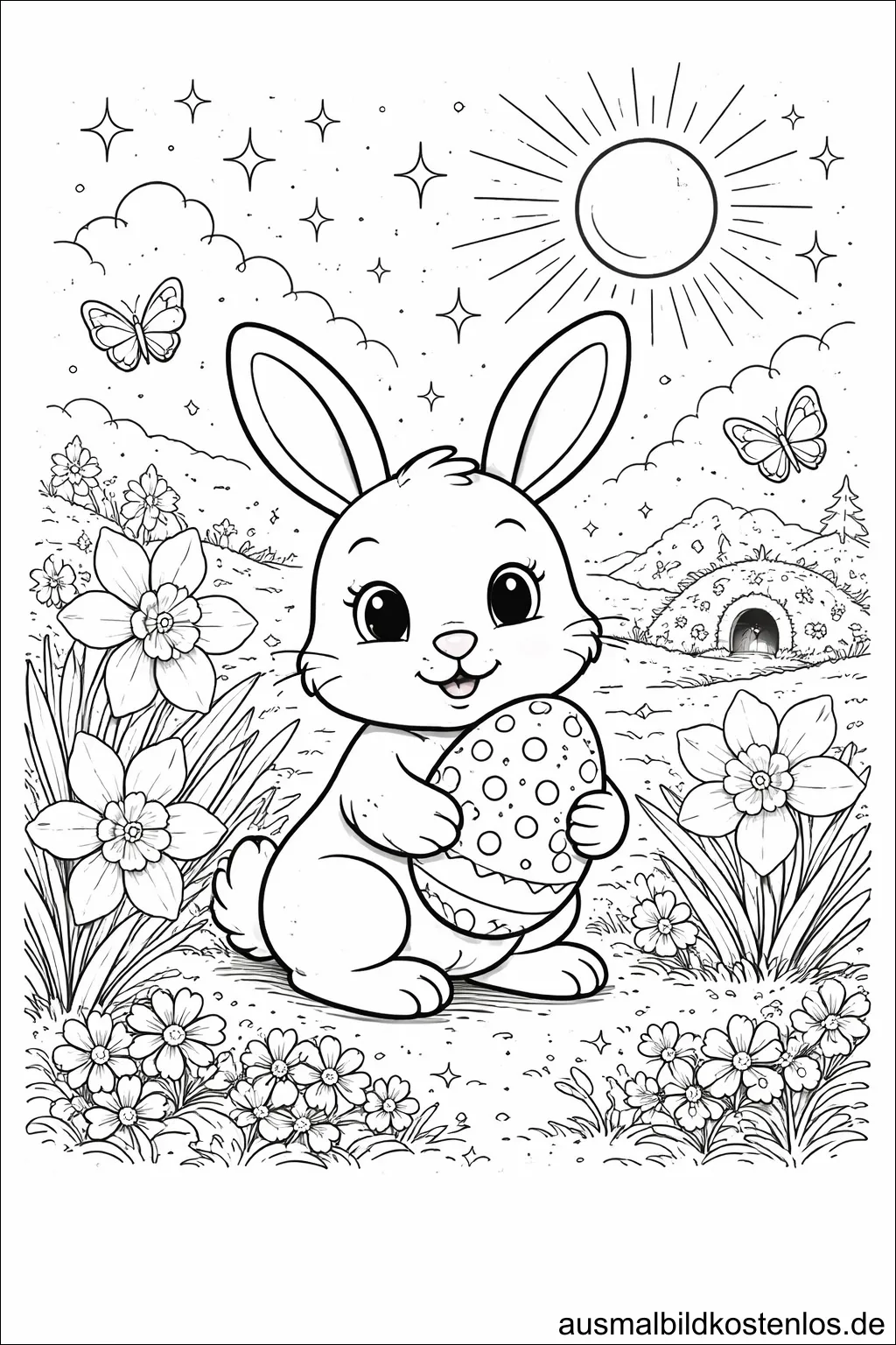 Osterhase auf Blumenwiese – gratis Ausmalbild