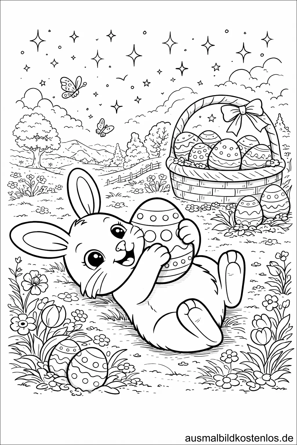 Osterhase mit Eierkorb – gratis Ausmalbild