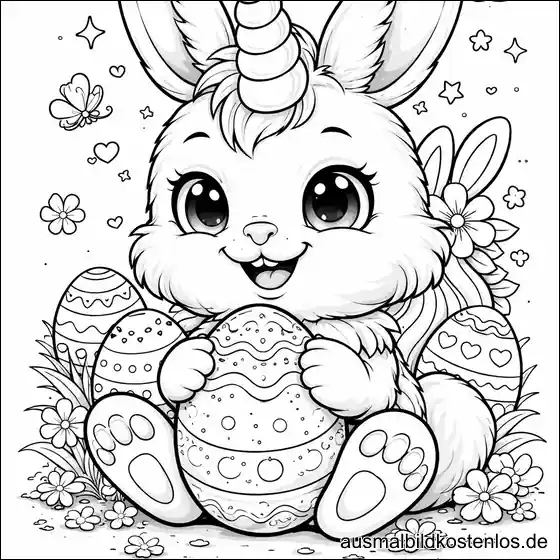 Einhorn-Osterhase mit Ostereiern - gratis Ausmalbild
