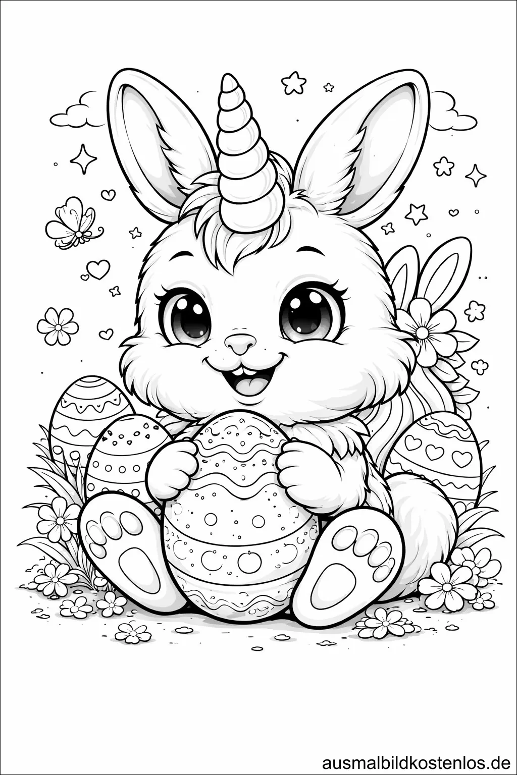 Einhorn-Osterhase mit Ostereiern - gratis Ausmalbild
