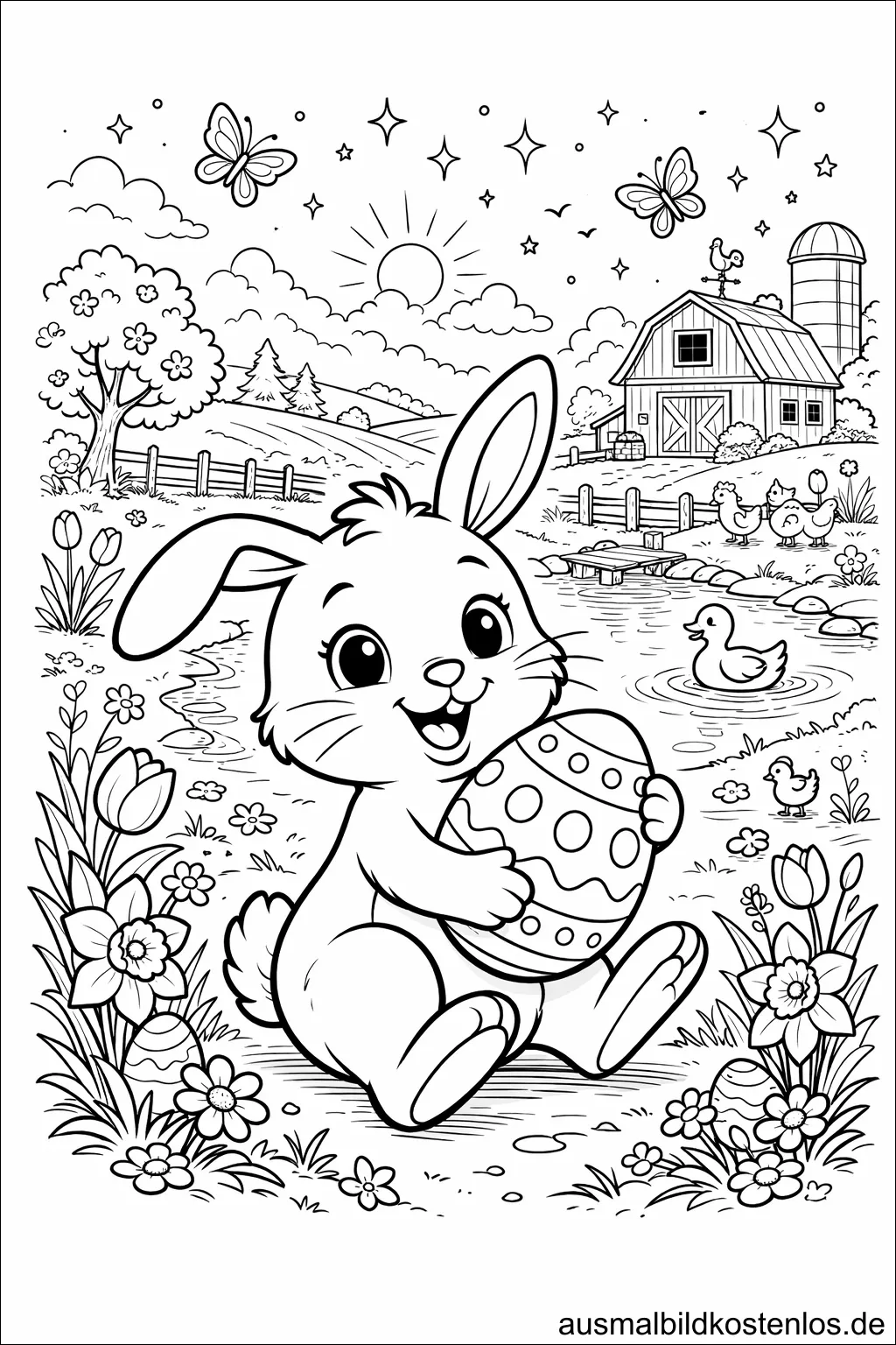 Osterhase mit Osterei am Teich – gratis Ausmalbild