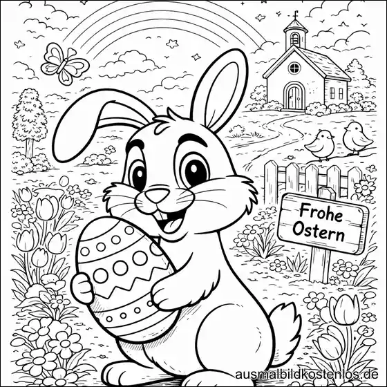 Osterhase mit Frohe Ostern Schild – kostenlose Malvorlage