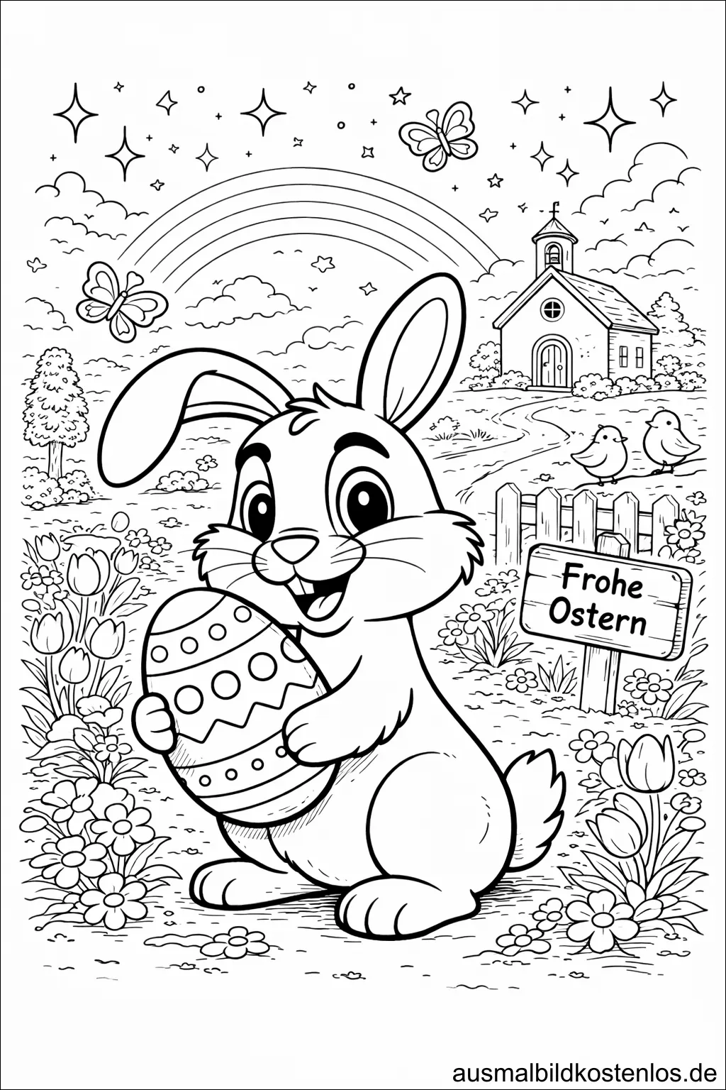 Osterhase mit Frohe Ostern Schild - kostenlose Malvorlage