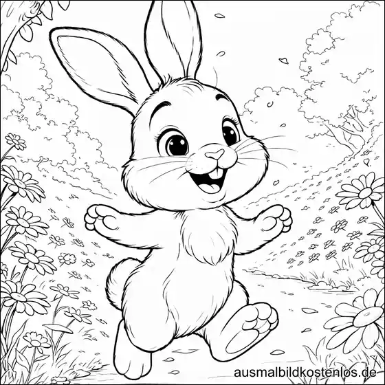 Osterhase im Frühlingsgarten - gratis Ausmalbild