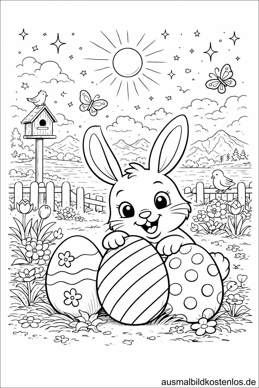 Osterhase im Garten mit Ostereiern – gratis Ausmalbild