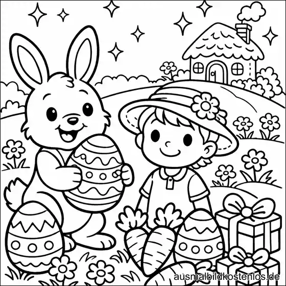 Osterhase mit Kind und Ostereiern - kostenlose Malvorlage