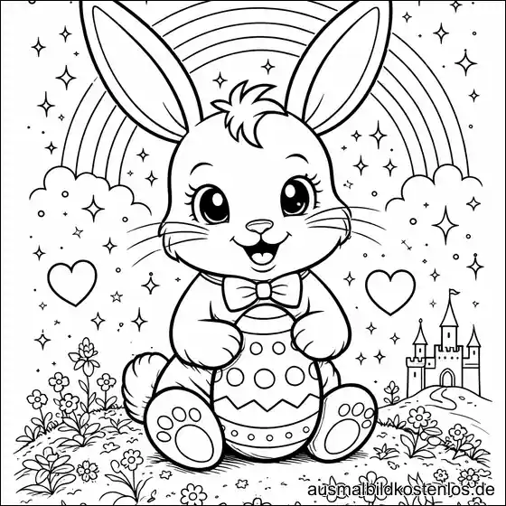 Osterhase mit Osterei unterm Regenbogen – kostenlose Malvorlage