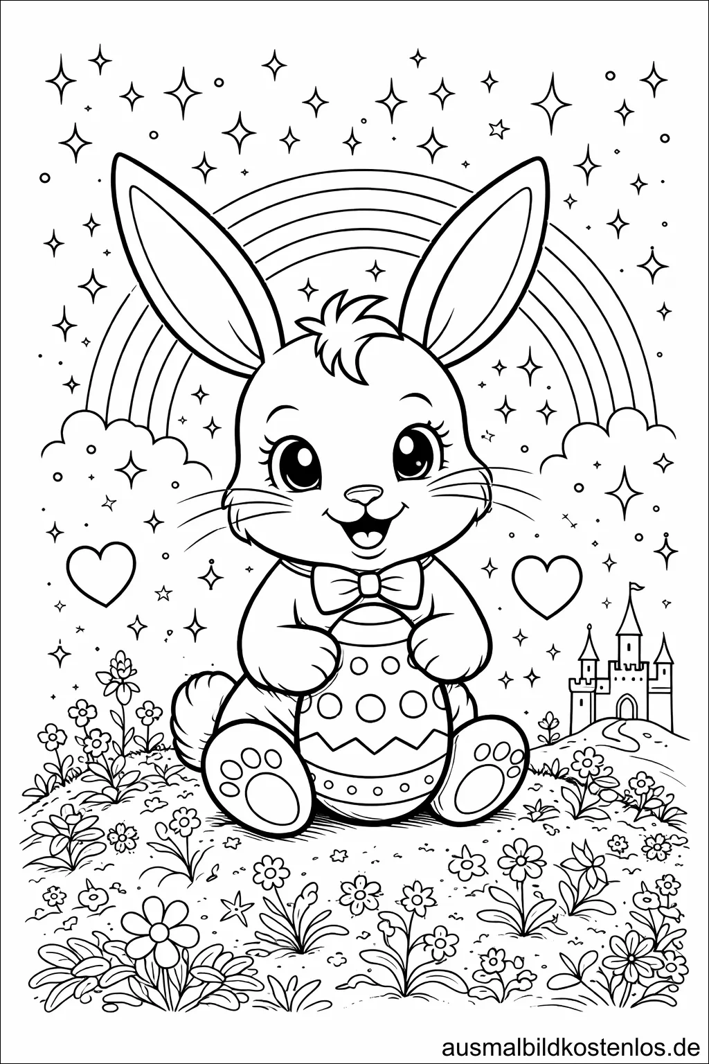 Osterhase mit Osterei unterm Regenbogen – kostenlose Malvorlage