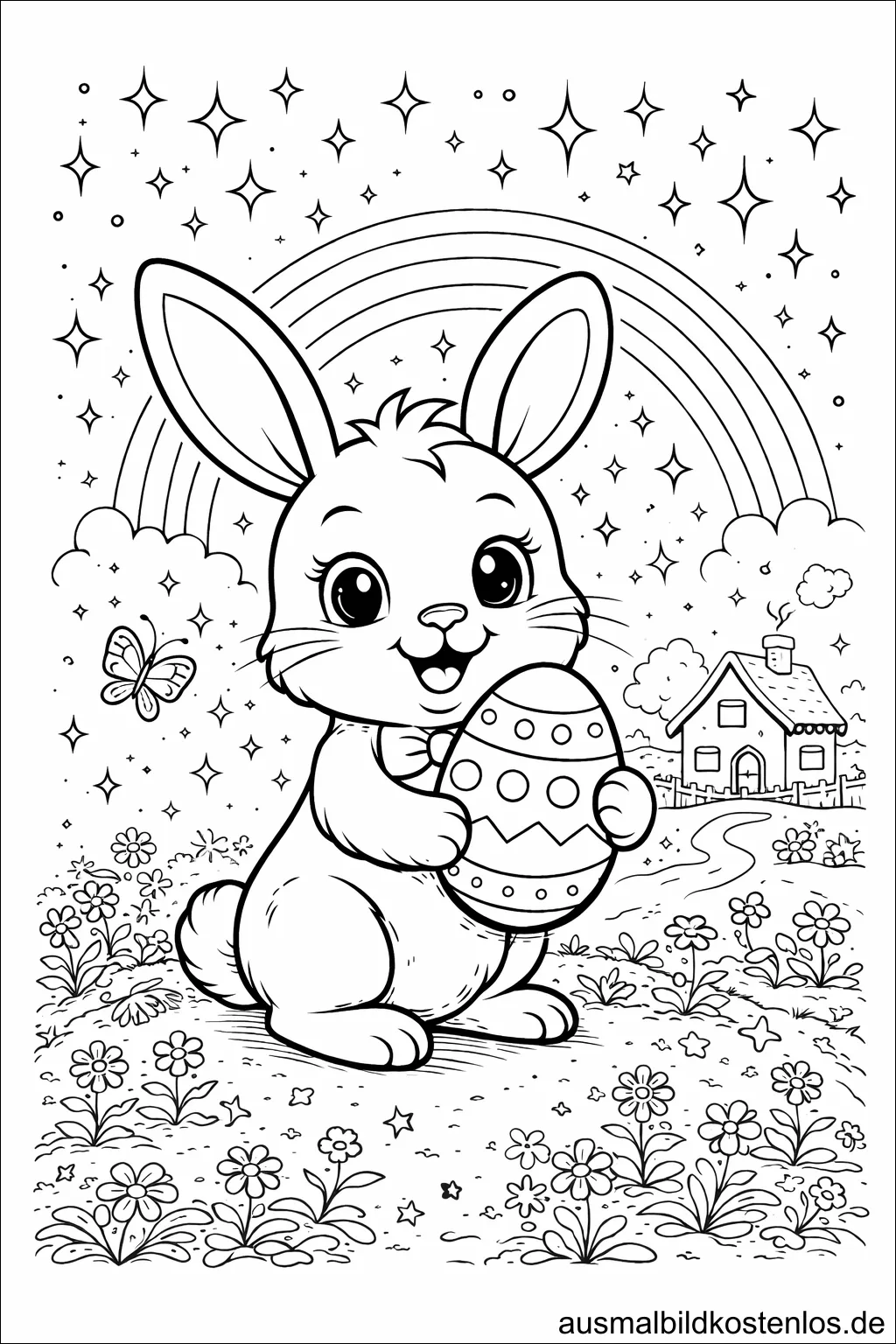 Osterhase mit Osterei vor Regenbogen – kostenlose Malvorlage