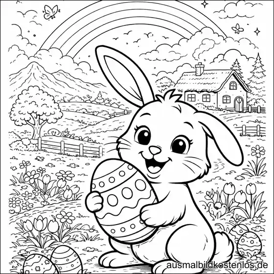 Osterhase mit Osterei vor Regenbogen – kostenlose Malvorlage