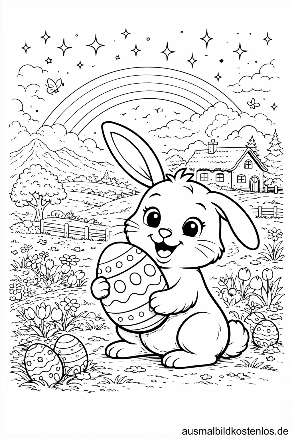 Osterhase mit Osterei vor Regenbogen - kostenlose Malvorlage