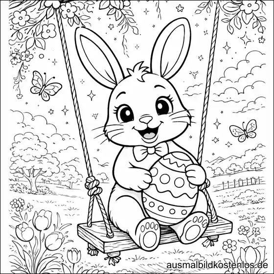 Osterhase auf der Schaukel – gratis Ausmalbild