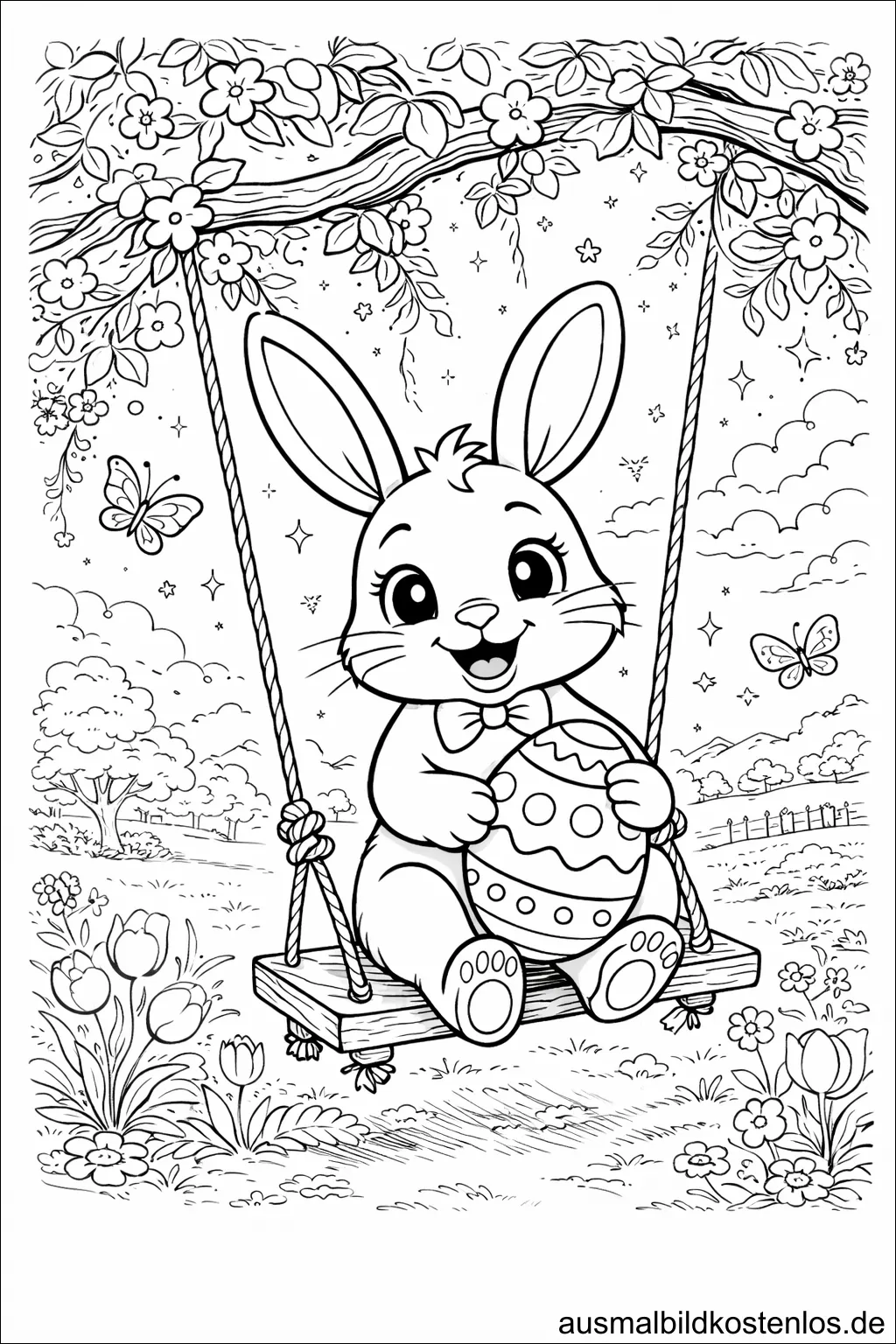 Osterhase auf der Schaukel - gratis Ausmalbild