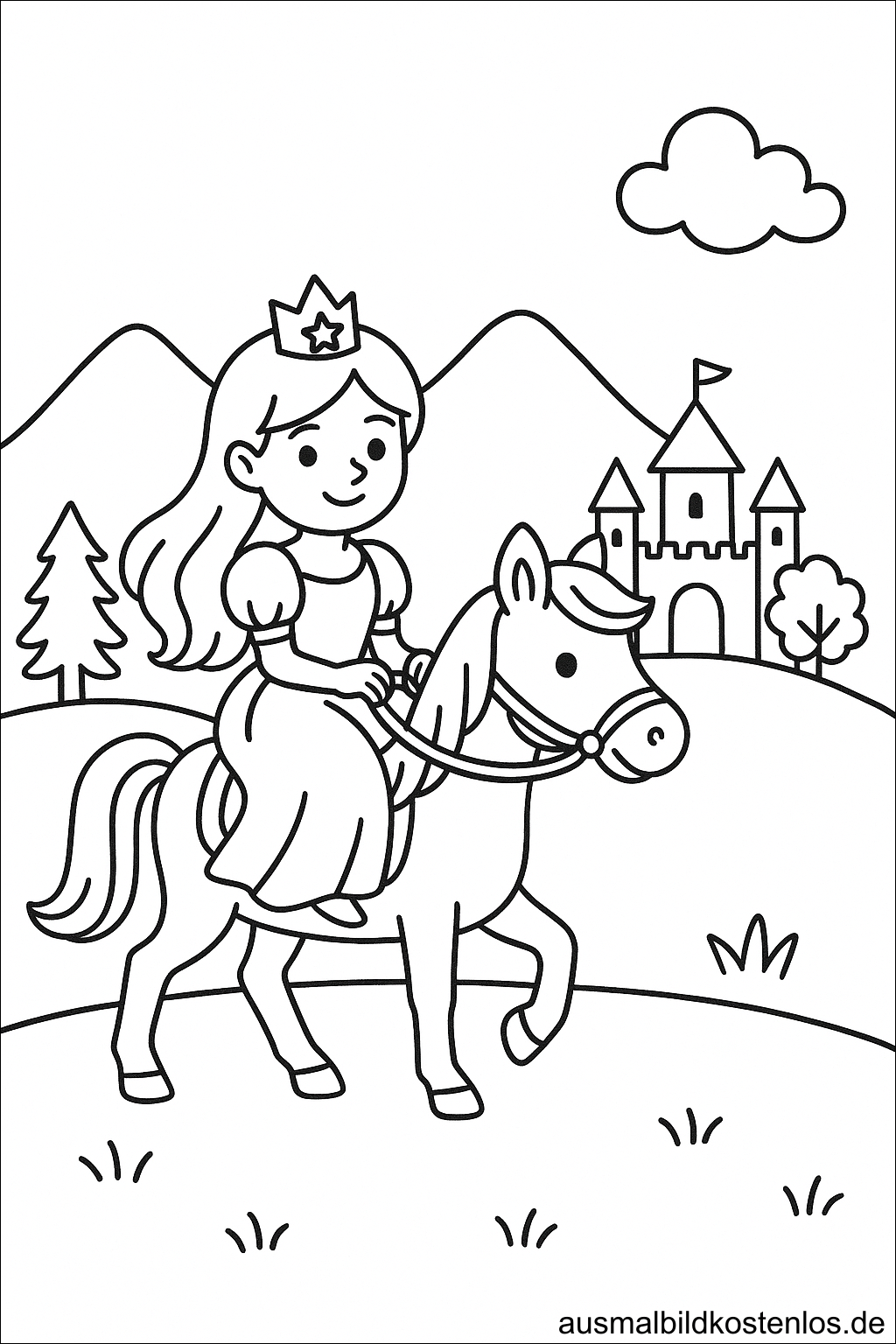 Ausmalbild Prinzessin reitet auf Pferd vor Schloss