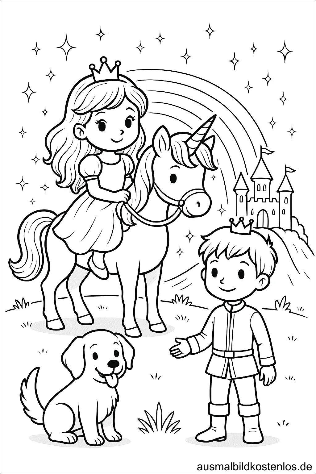 Prinzessin mit Einhorn, Prinz und Schloss Ausmalbild