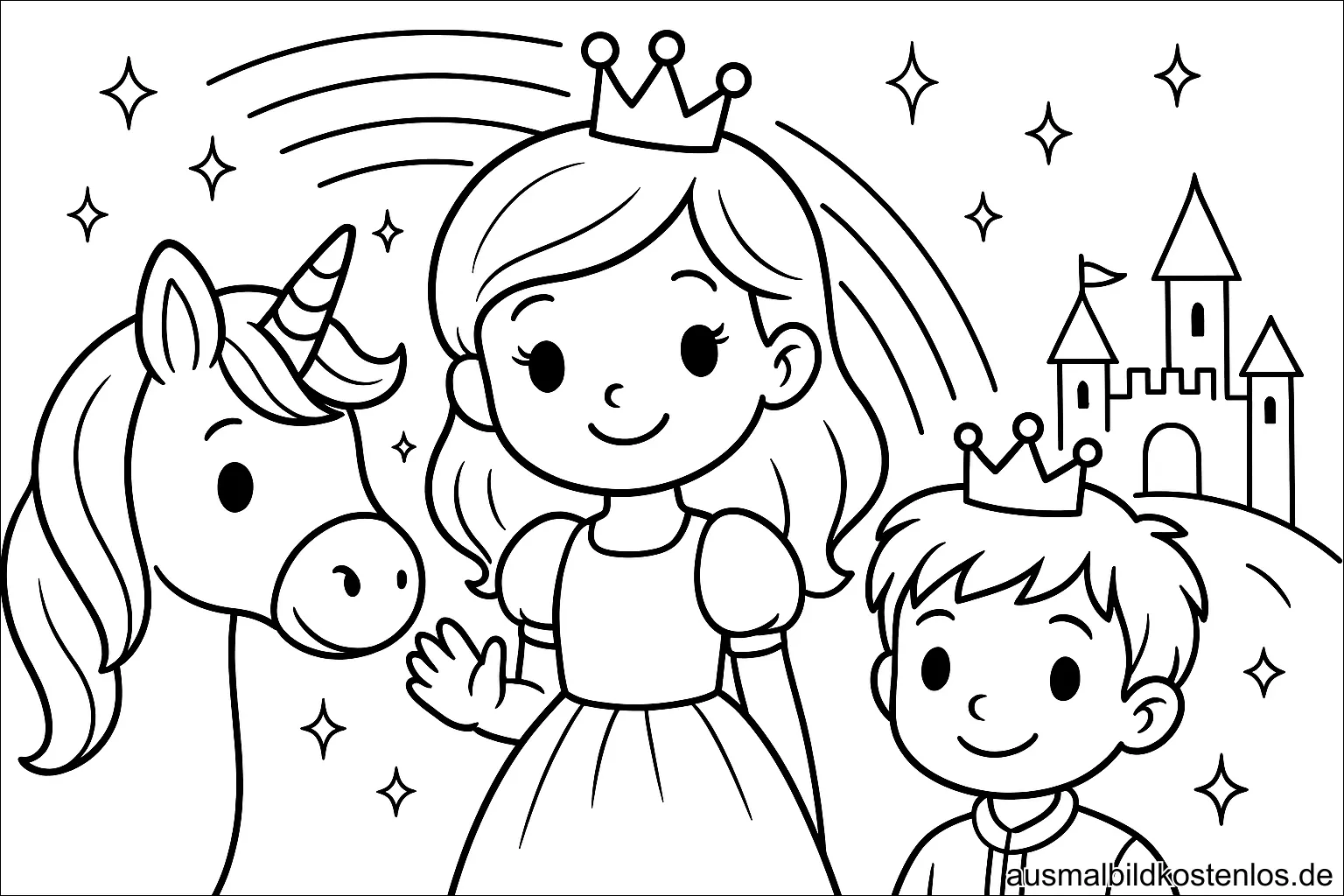 Ausmalbild einer Prinzessin mit Prinz und Einhorn vor einem Schloss mit Regenbogen und funkelnden Sternen