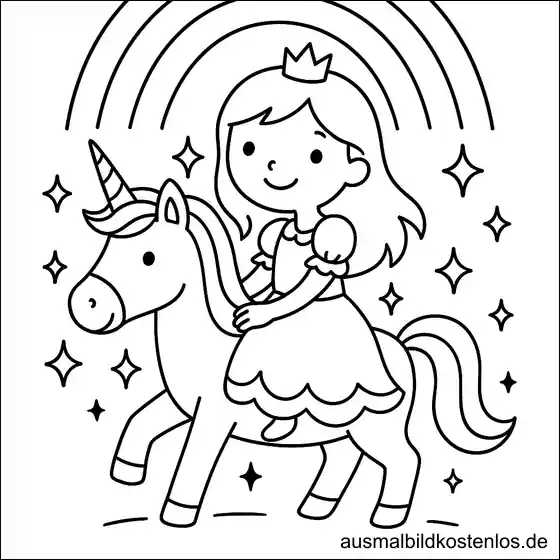 Prinzessin auf Einhorn mit Regenbogen Ausmalbild