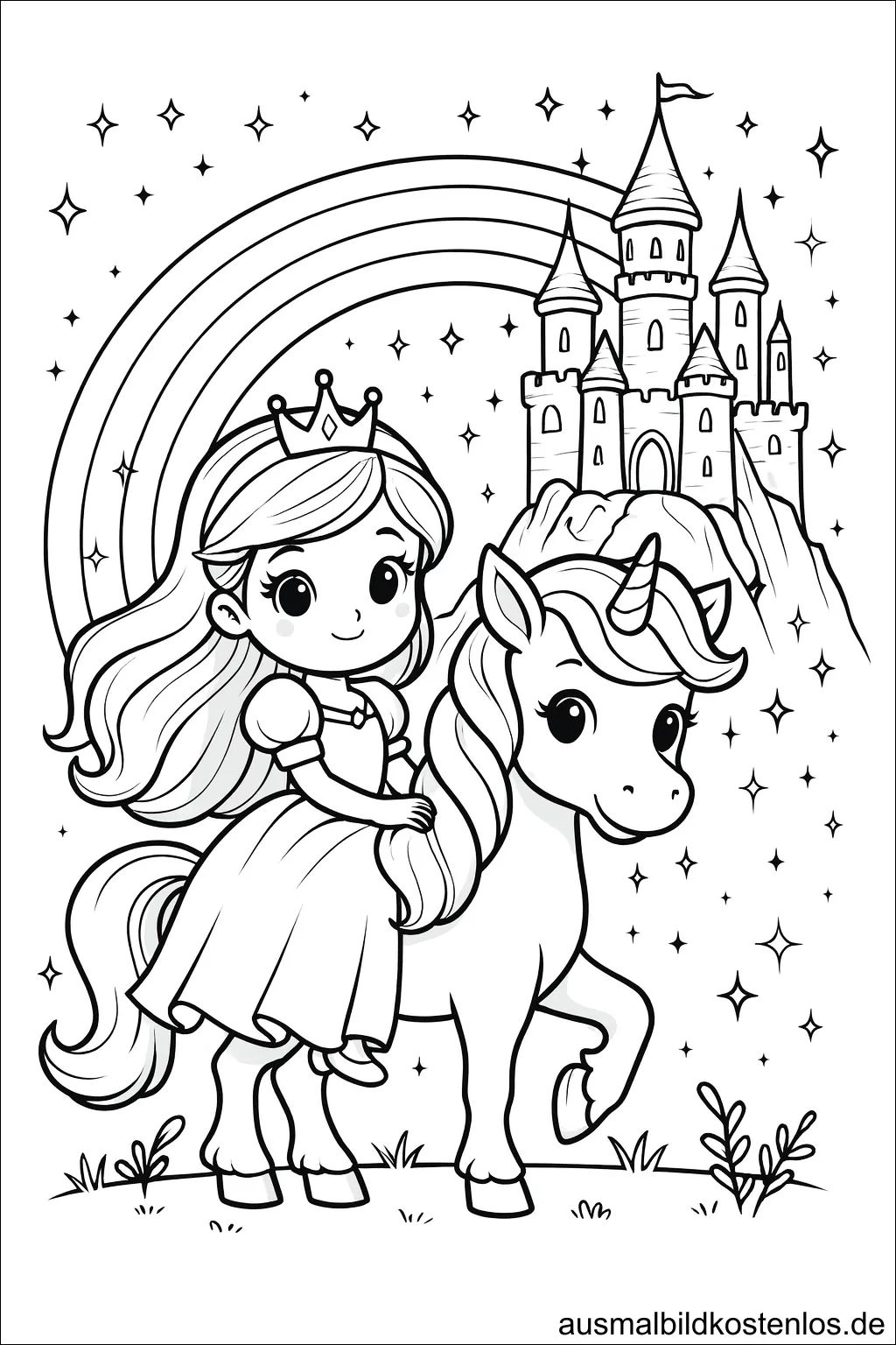 Prinzessin auf Einhorn Ausmalbild mit Schloss und Regenbogen