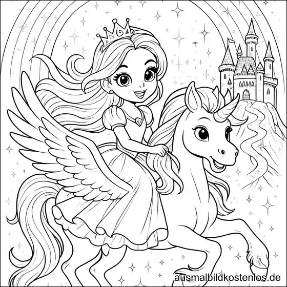 Prinzessin auf fliegendem Einhorn mit Schloss und Regenbogen Ausmalbild