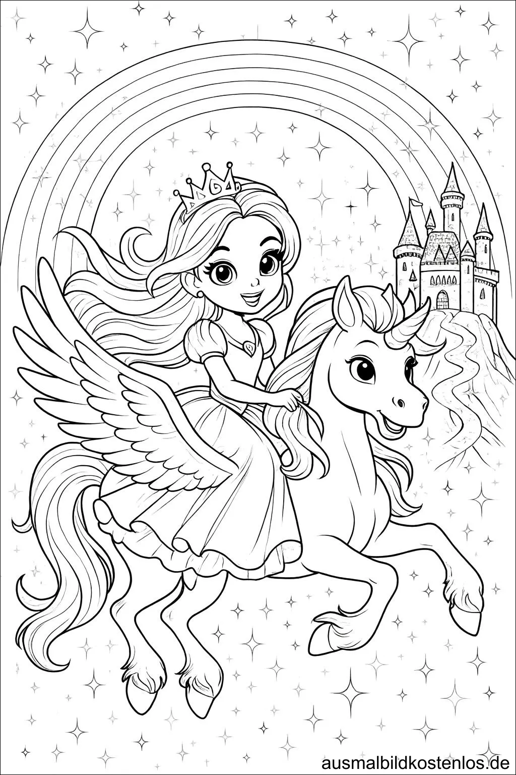 Ausmalbild einer Prinzessin auf einem fliegenden Einhorn mit Schloss, Regenbogen und funkelnden Sternen