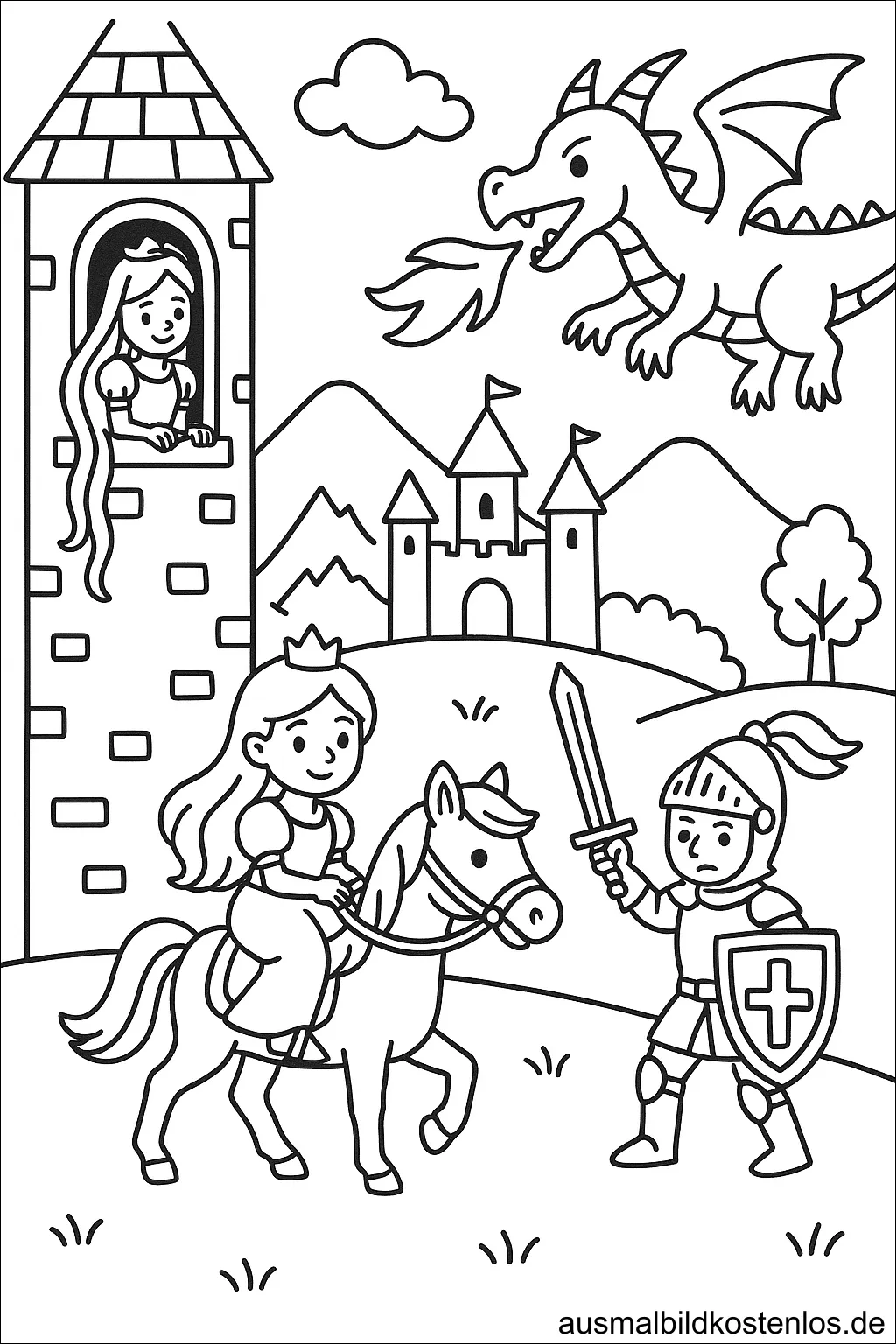 Ausmalbild Prinzessin auf Pferd, Ritter und Drache vor Schloss
