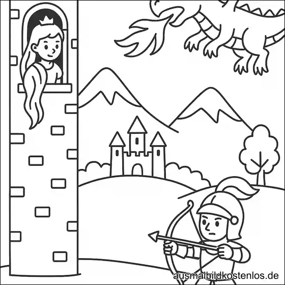 Prinzessin im Turm mit Bogenschütze und Drache Ausmalbild