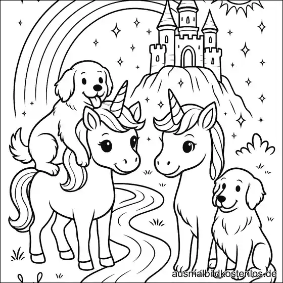 Zwei Einhörner mit Hunde-Mama Ausmalbild mit Schloss und Regenbogen