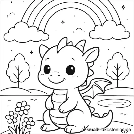 Baby Drache im Regenbogenland Ausmalbild
