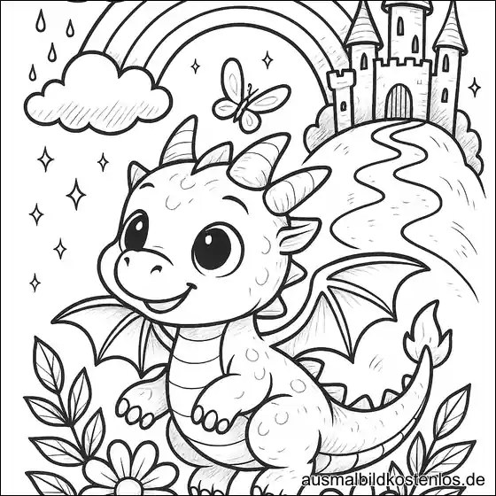 Baby Drache mit Blumen Ausmalbild
