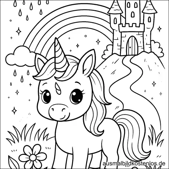 Einhorn vor Schloss & Regenbogen