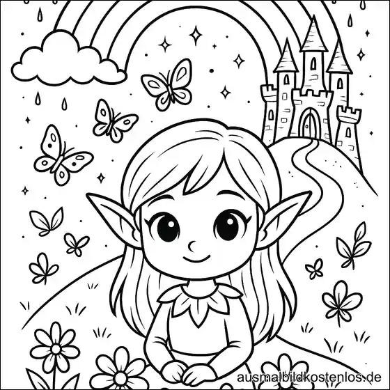 Elf mit Blumen & Schloss Ausmalbild