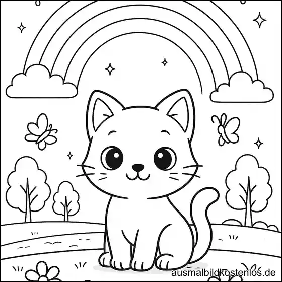 Kätzchen mit Regenbogen Ausmalbild
