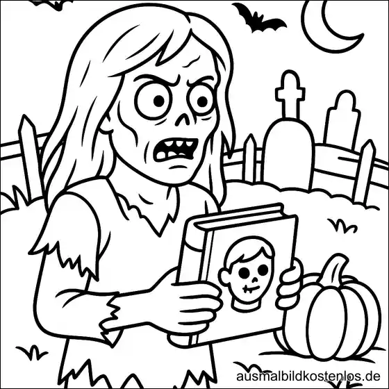 Zombie mit Buch Ausmalbild gratis