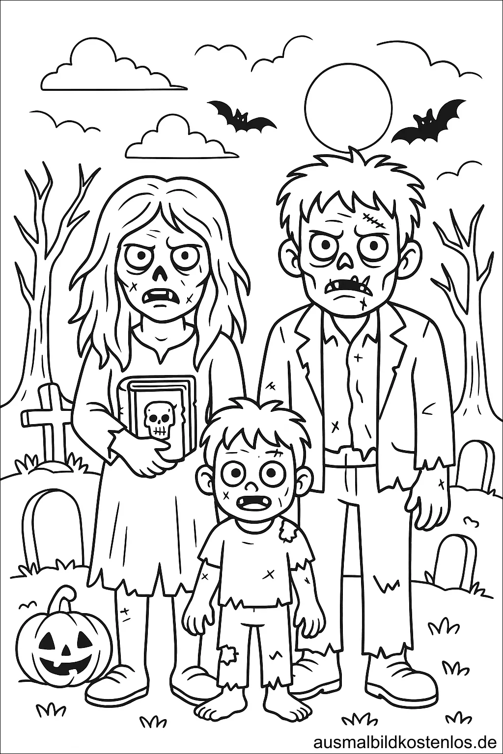 Zombie-Familie Ausmalbild auf dem Friedhof